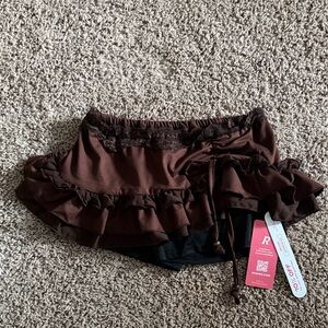 Brown Ruffled Skirt with Lace Trim